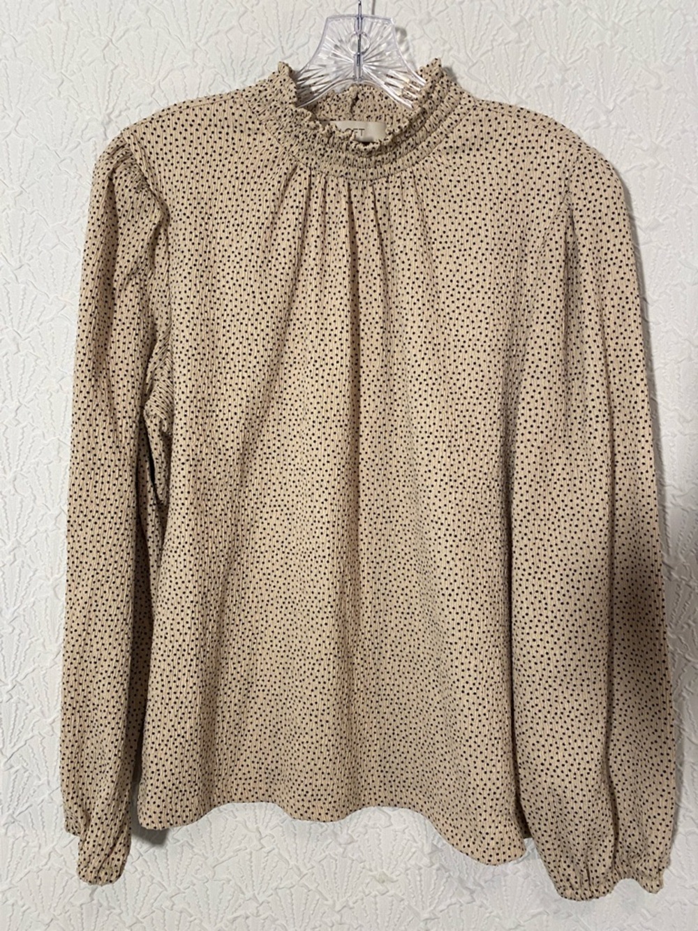 LOFT Beige Dot Smocked Neck Long Sleeve Blouse 90’s Professional Classic